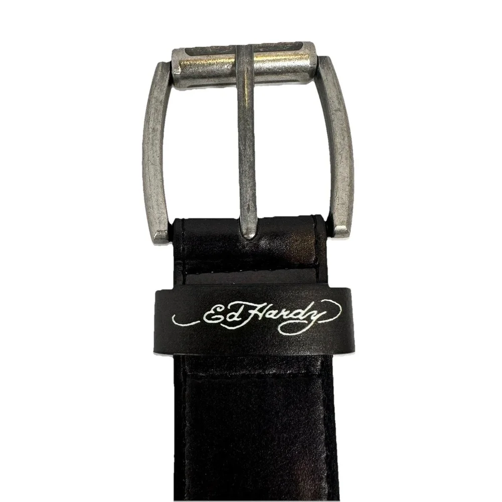Ed Hardy Tattoo Skull‎ Graphic Studded Belt Black Y2K Punk Unisex Size 36